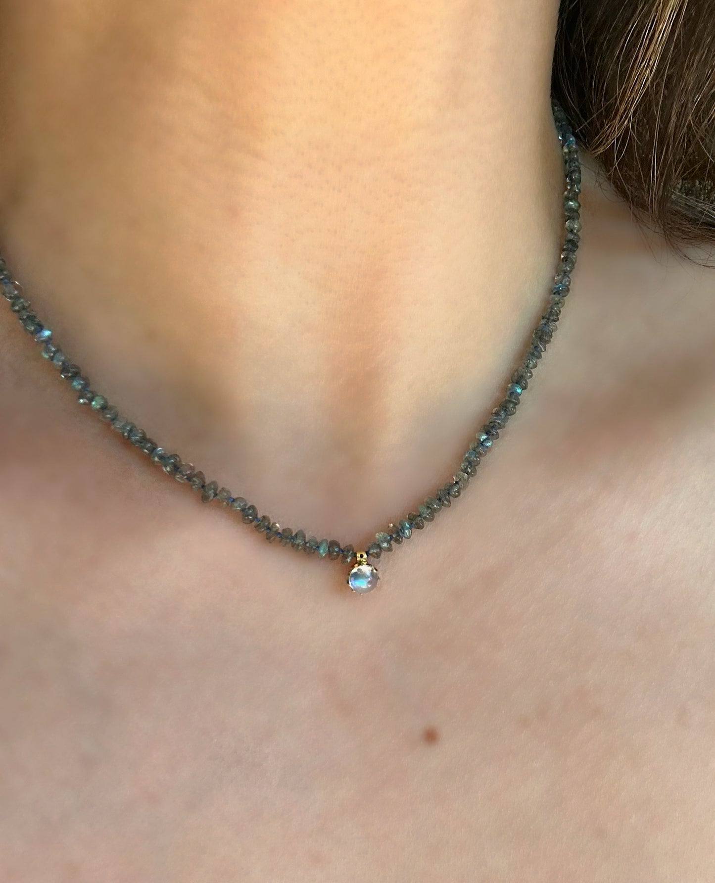 Labradorite Hand-Knotted Silk Necklace with Antique Moonstone