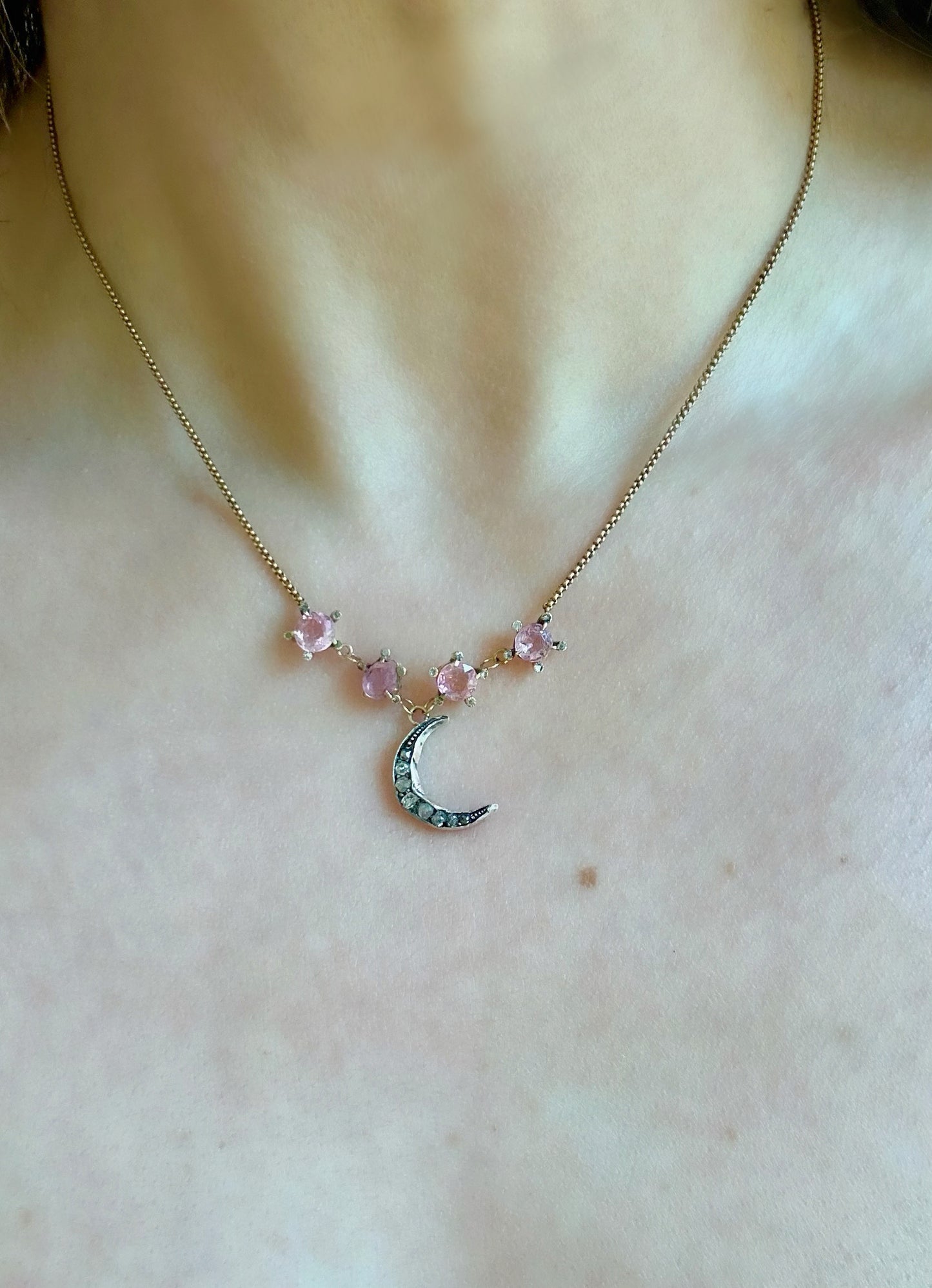 Antique 14k Pink tourmaline and Rose Cut Diamond Conversion Necklace - 15"