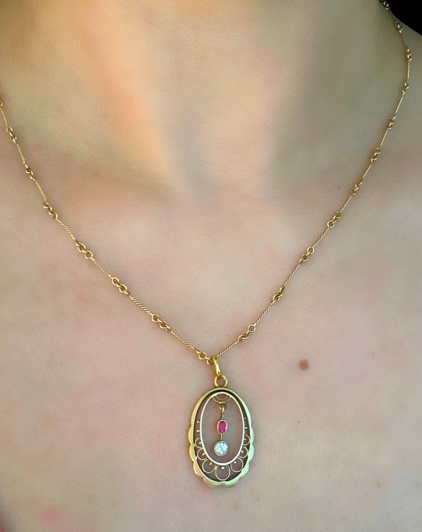 Early Vintage 14k Ruby & Diamond Dangle Pendant