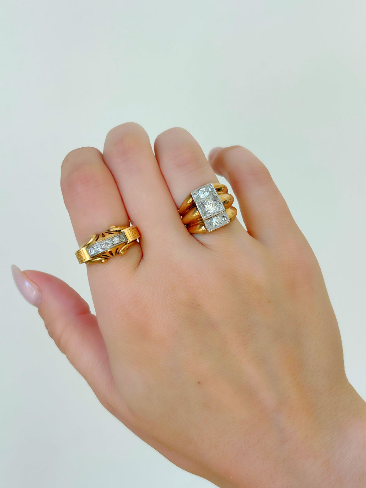 French 18k Tank Ring w/OEC and Rosecut Diamonds - Sz 5.5