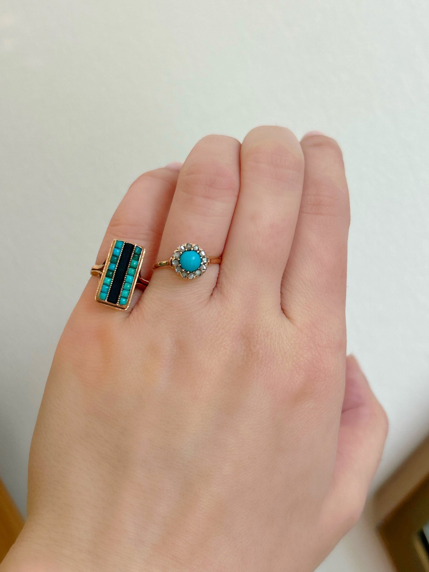 Antique 14k Turquoise and Rose Cut Diamond Halo Ring Sz 5.25