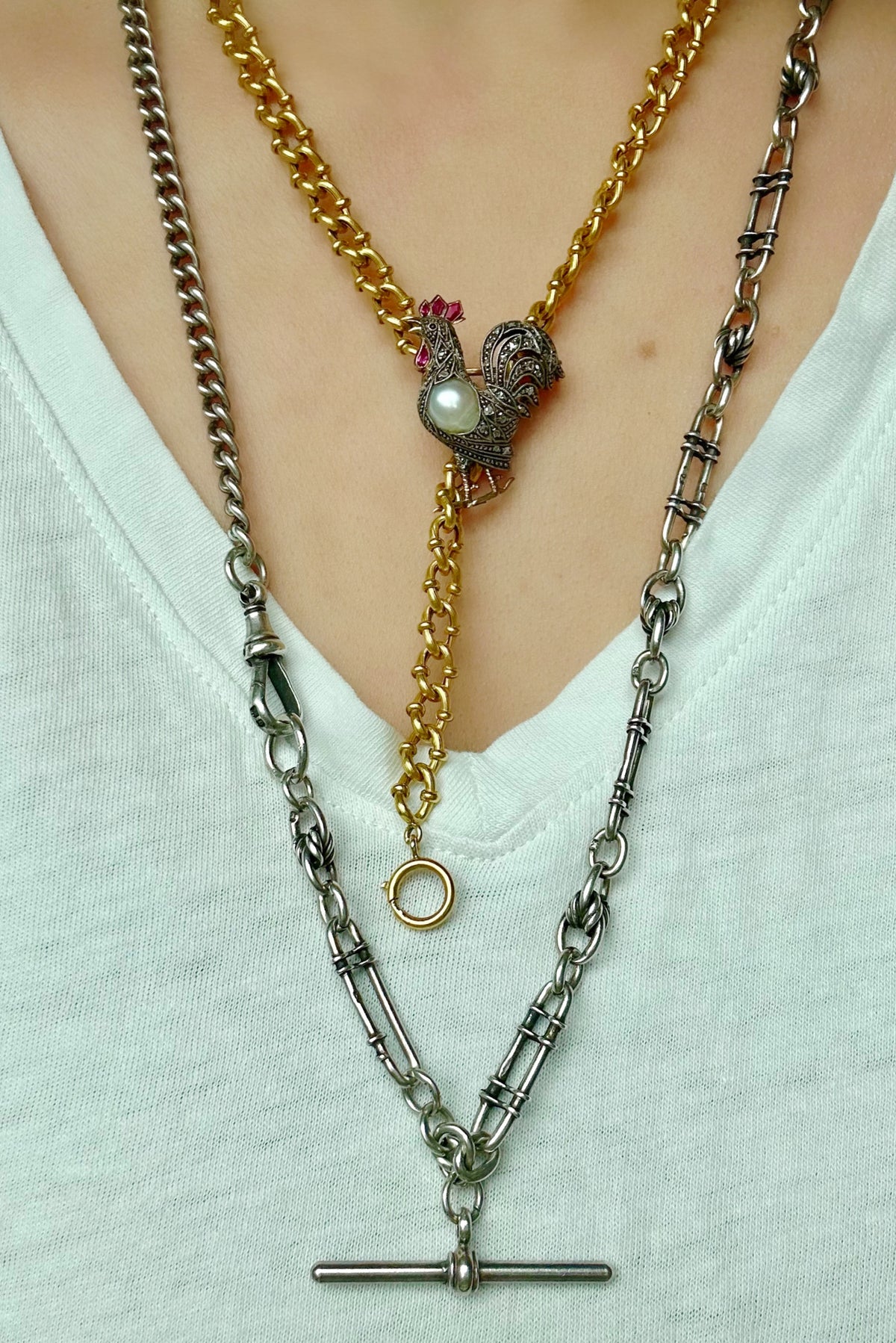 Early Vintage UK Sterling Silver Trombone + Lover's knot Watch Chain