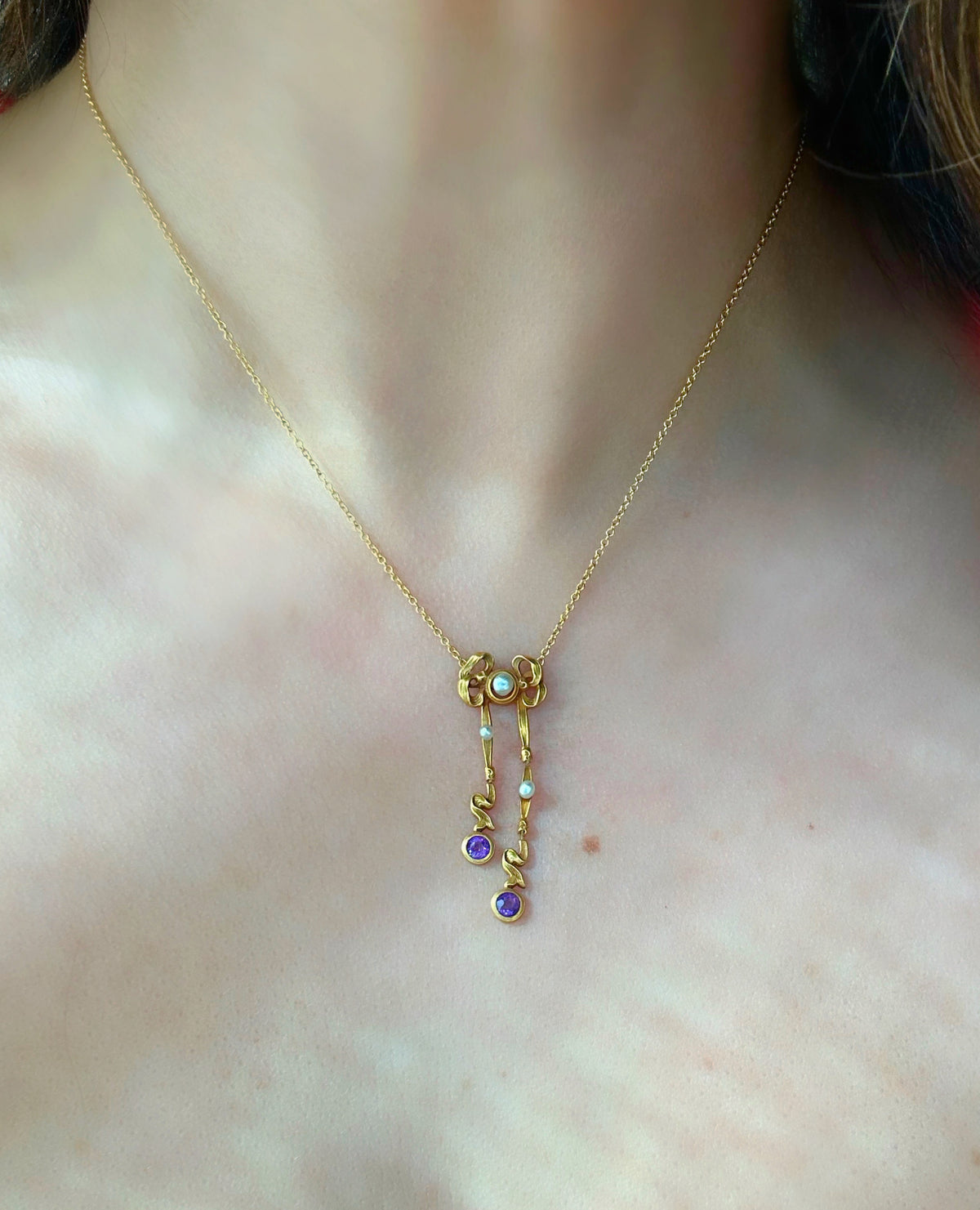 Art Nouveau 14k Bow Lavalier - 16" Long