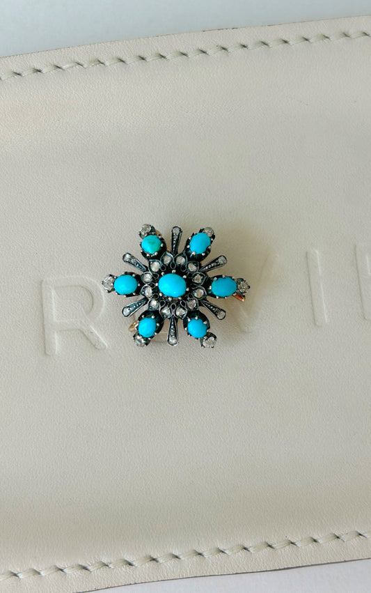 Antique 14k + Silver Topped Turquoise & Rose Cut Diamond Brooch