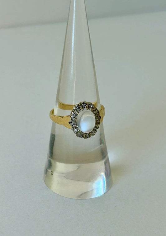 Antique 18k UK Moonstone & Diamond Ring - Sz 6.5