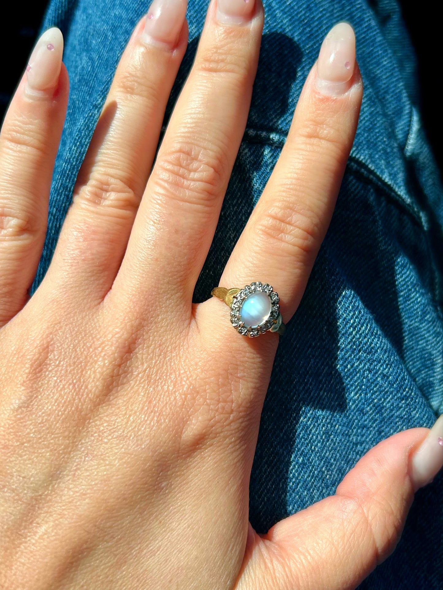 Antique 18k UK Moonstone & Diamond Ring - Sz 6.5