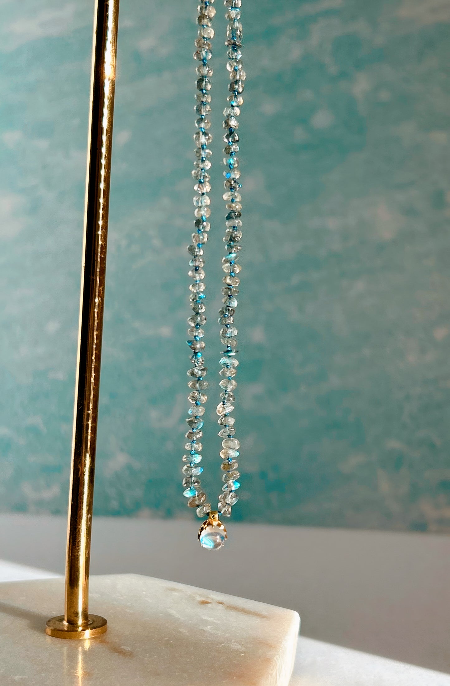 Labradorite Hand-Knotted Silk Necklace with Antique Moonstone