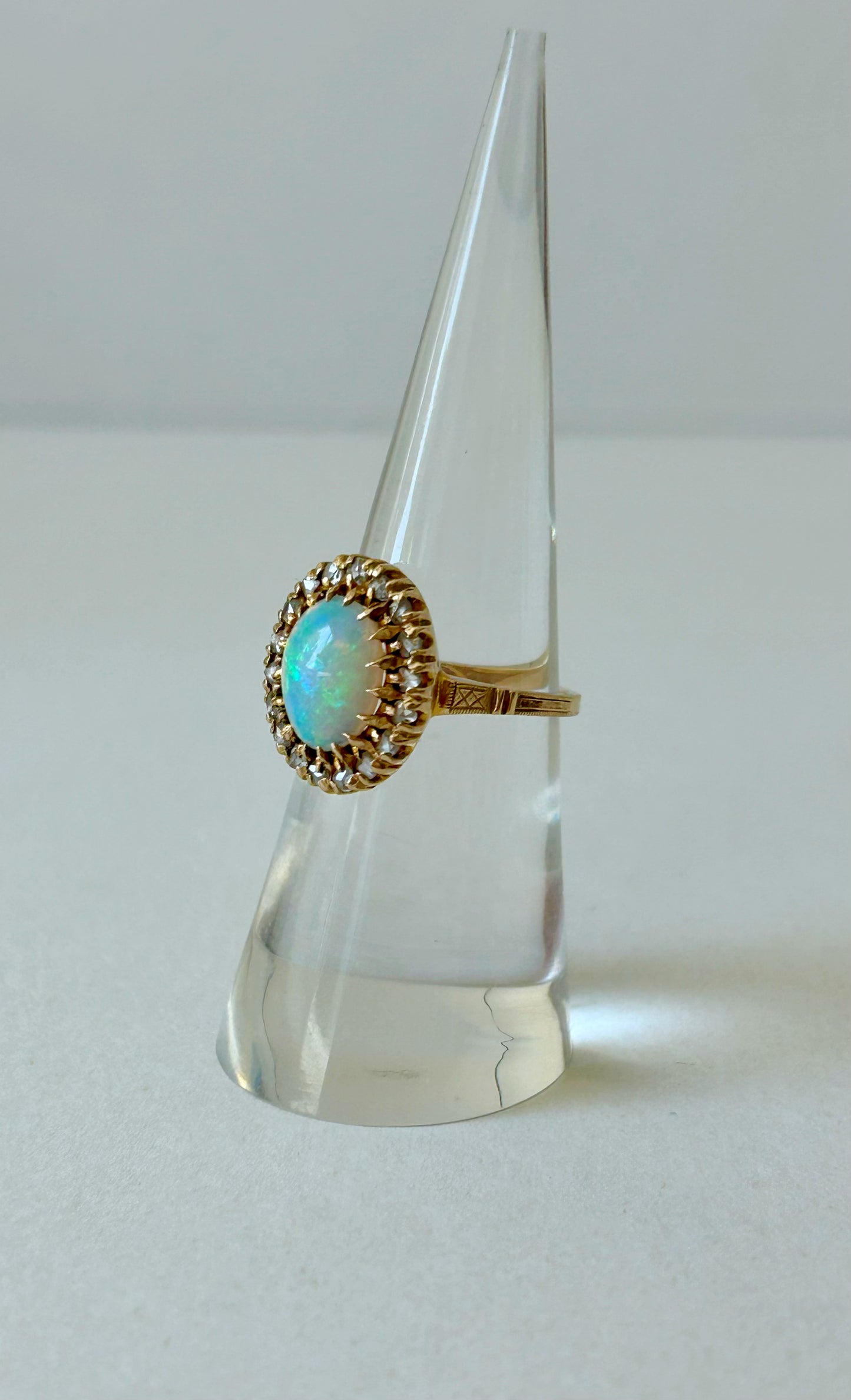 Antique 10k Crystal Opal and Rose Cut Diamond Ring - Sz 5.75