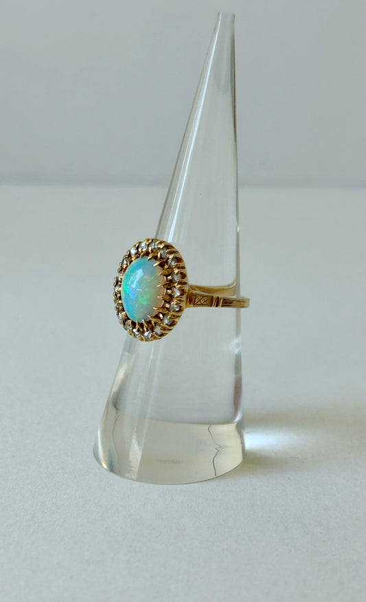 Antique 10k Crystal Opal and Rose Cut Diamond Ring - Sz 5.75