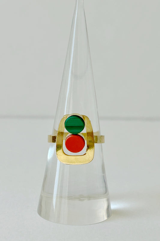 Vintage Retro 14k Malachite & Coral - Sz 7