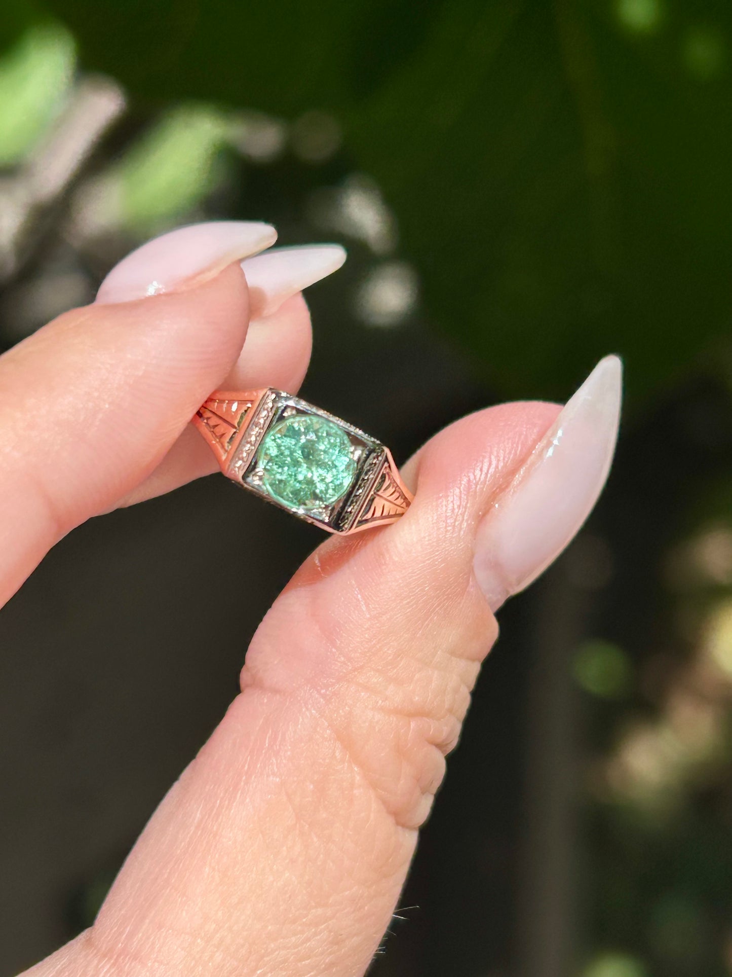 Two Tone 14k Art Deco Paraiba Tourmaline Solitaire - Sz 6.5