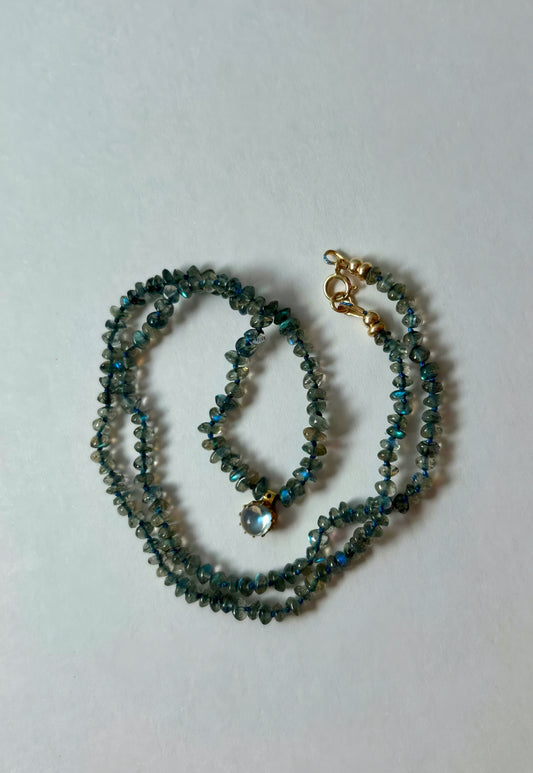 Labradorite Hand-Knotted Silk Necklace with Antique Moonstone