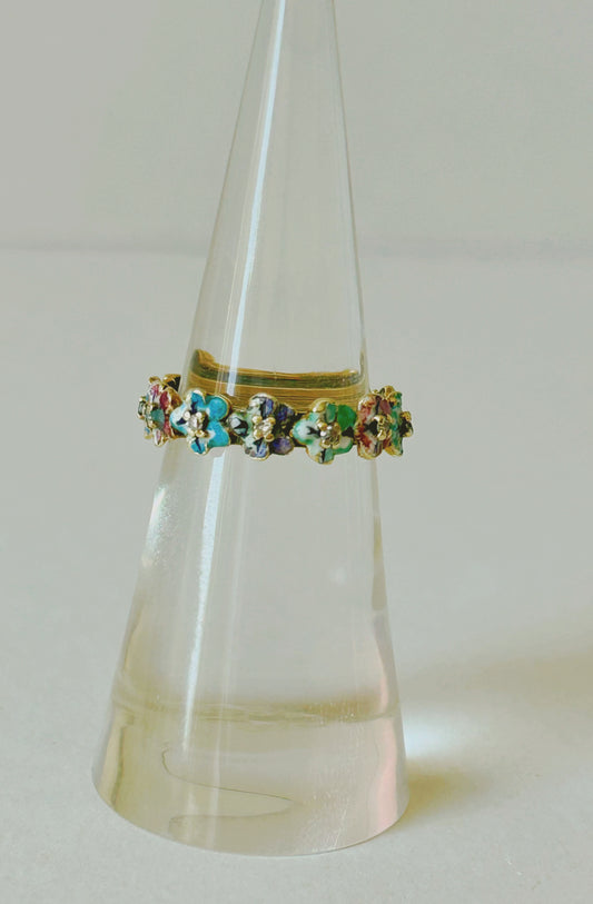 Early Vintage 14k Enamel Pansy Ring Sz 4.75-5