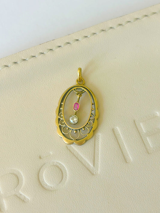 Early Vintage 14k Ruby & Diamond Dangle Pendant