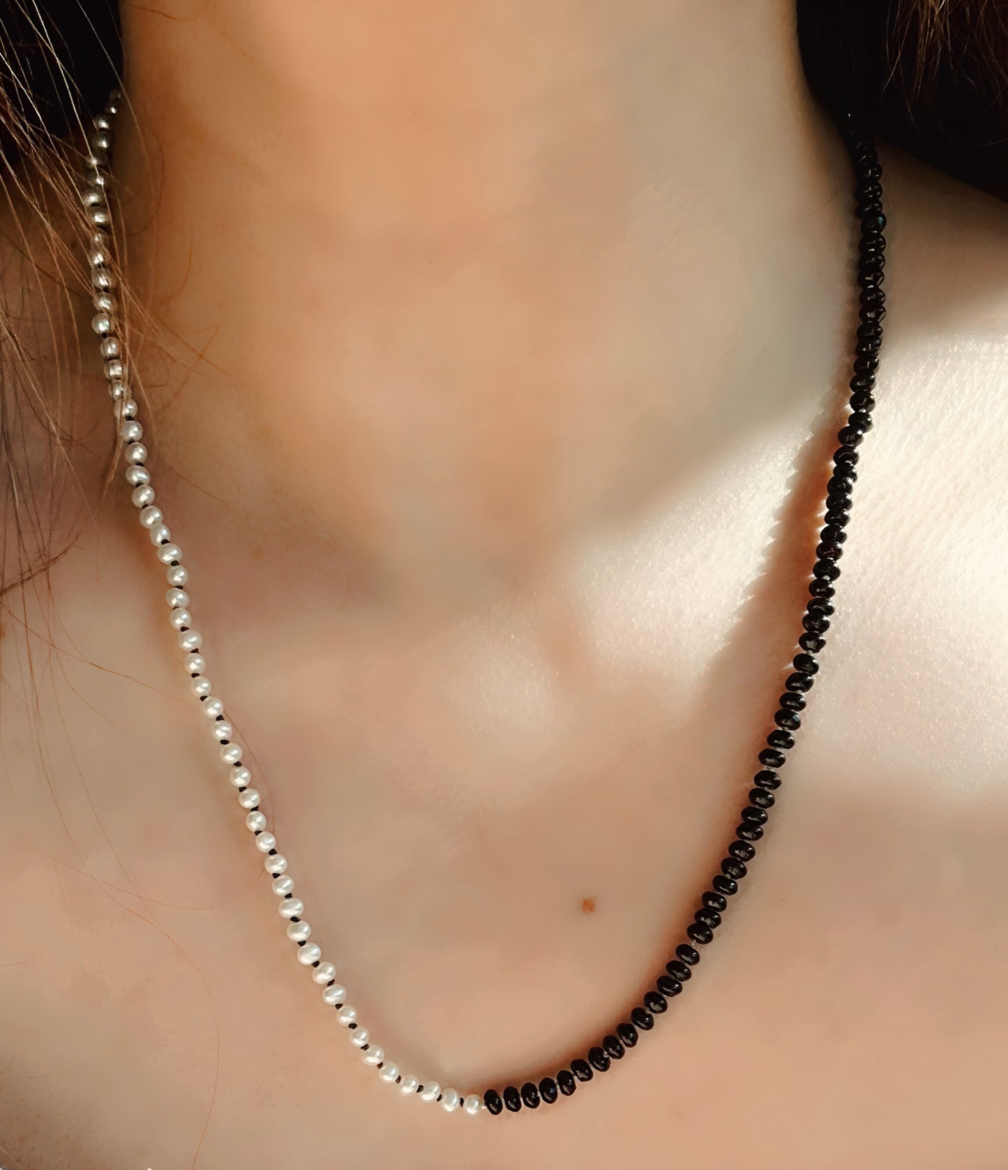 Black Onyx and Freshwater Pearl Hand-Knotted Silk Necklace