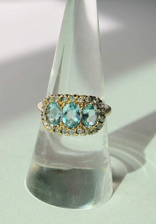 Antique Aquamarine and Rose Cut Diamond Ring - Sz 7.75