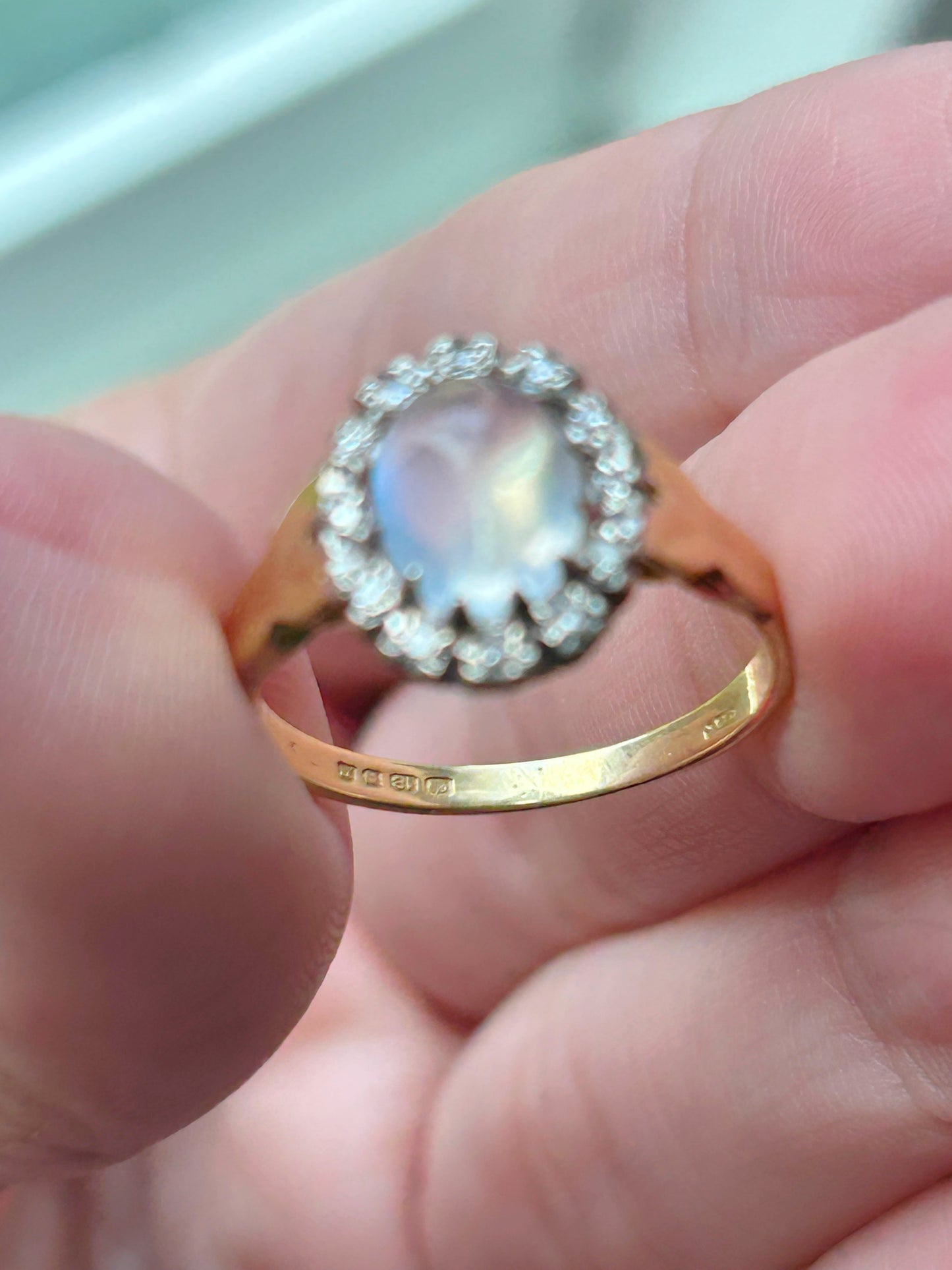 Antique 18k UK Moonstone & Diamond Ring - Sz 6.5