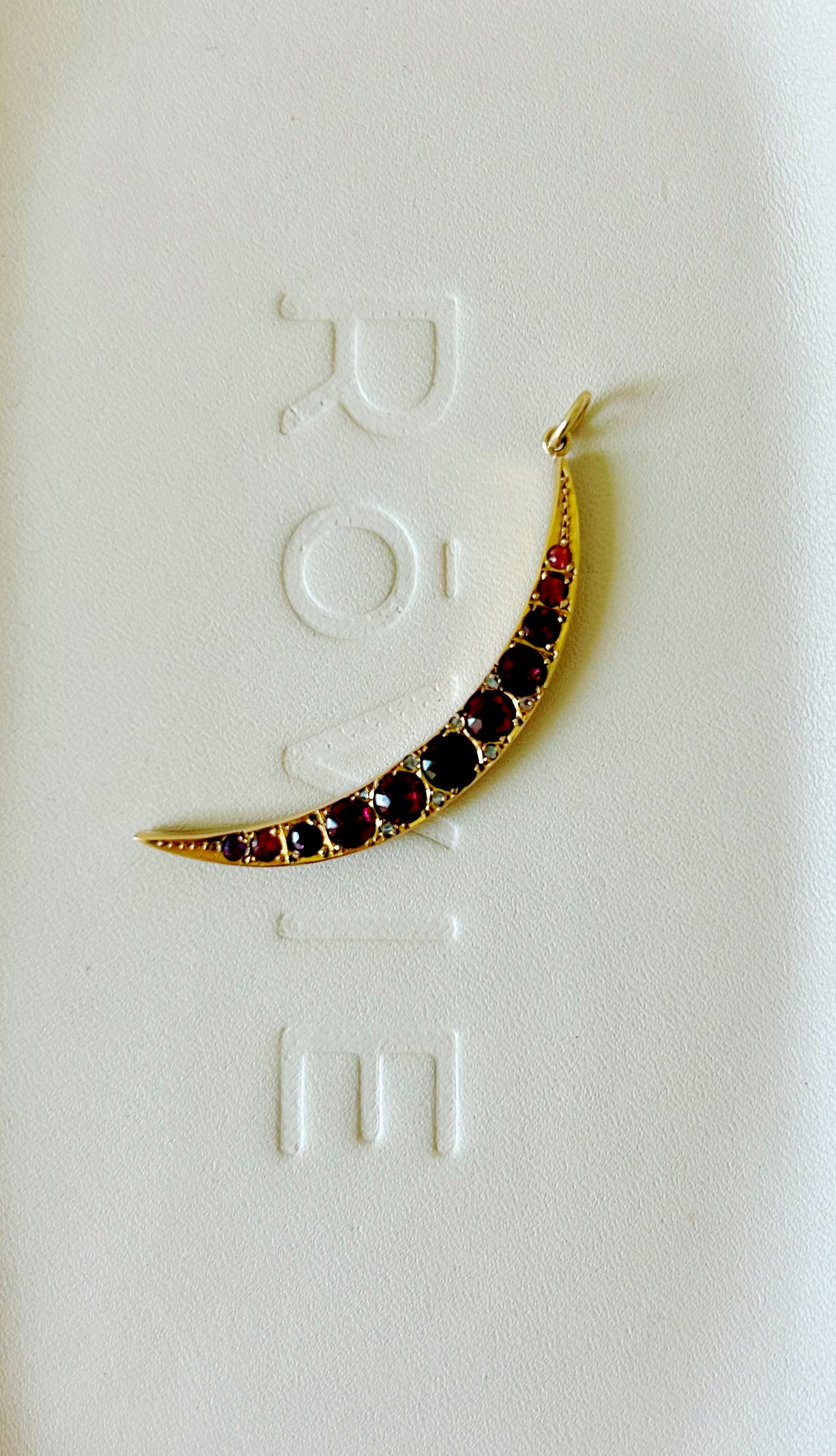 Antique 9k British Garnet Ruby & Diamond Crescent Pendant