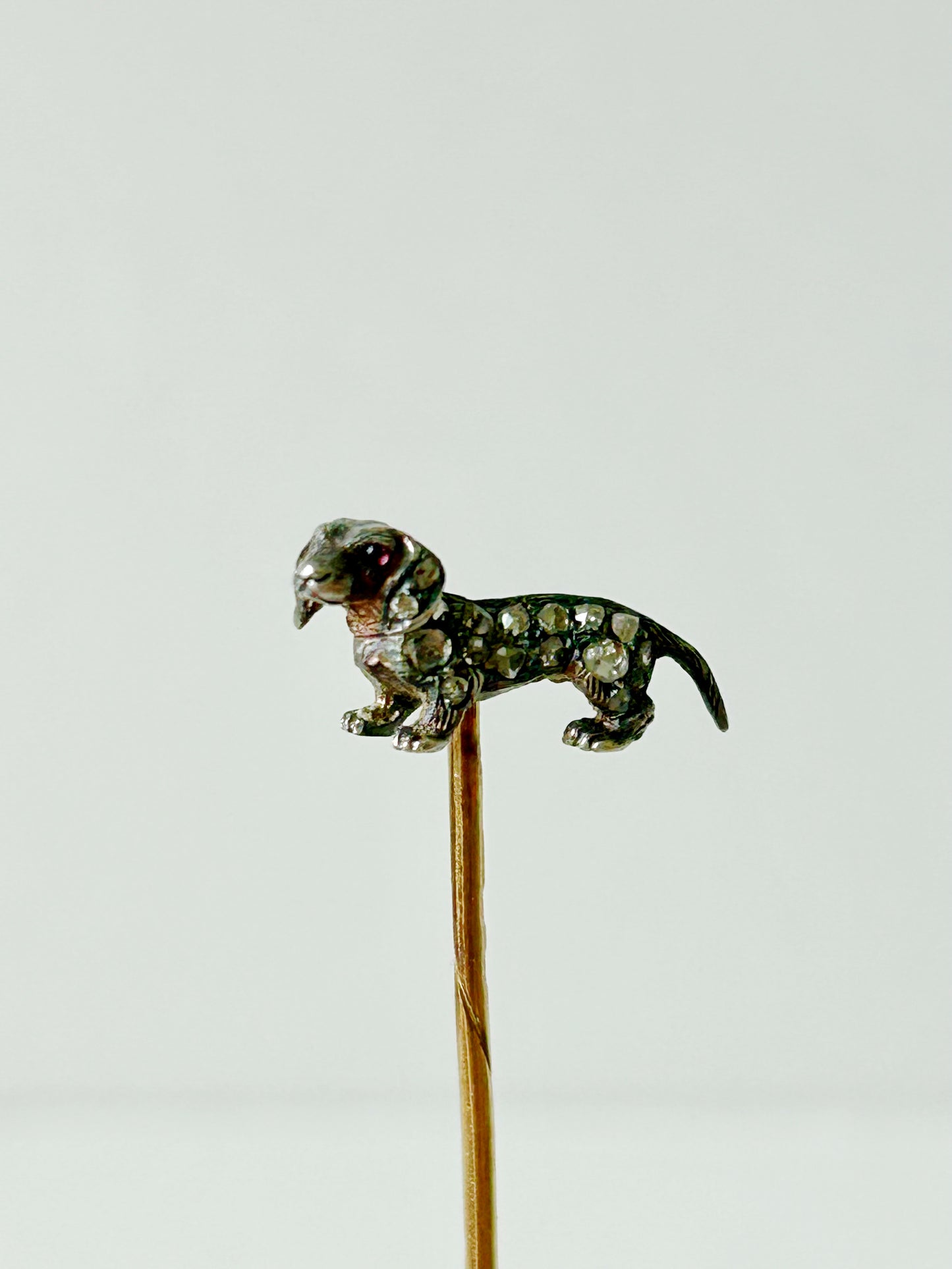 Antique 14k, Silver Ruby and Rose Cut Diamond Dachshund Stick Pin