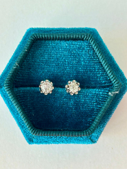 Mid Century Platinum & 18k Cushion Cut Diamond Stud Earrings