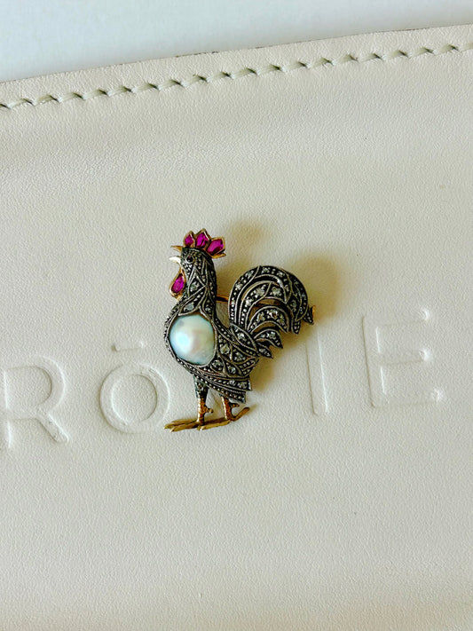 Antique 18k and Silver Topped Rooster Brooch