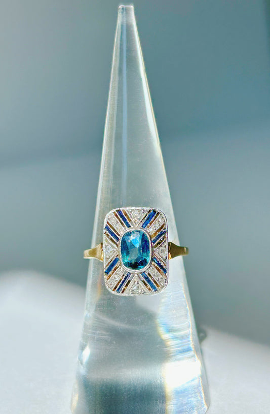 Art Deco Platinum & 18k Sapphire & Diamond Ring - Sz 5.75