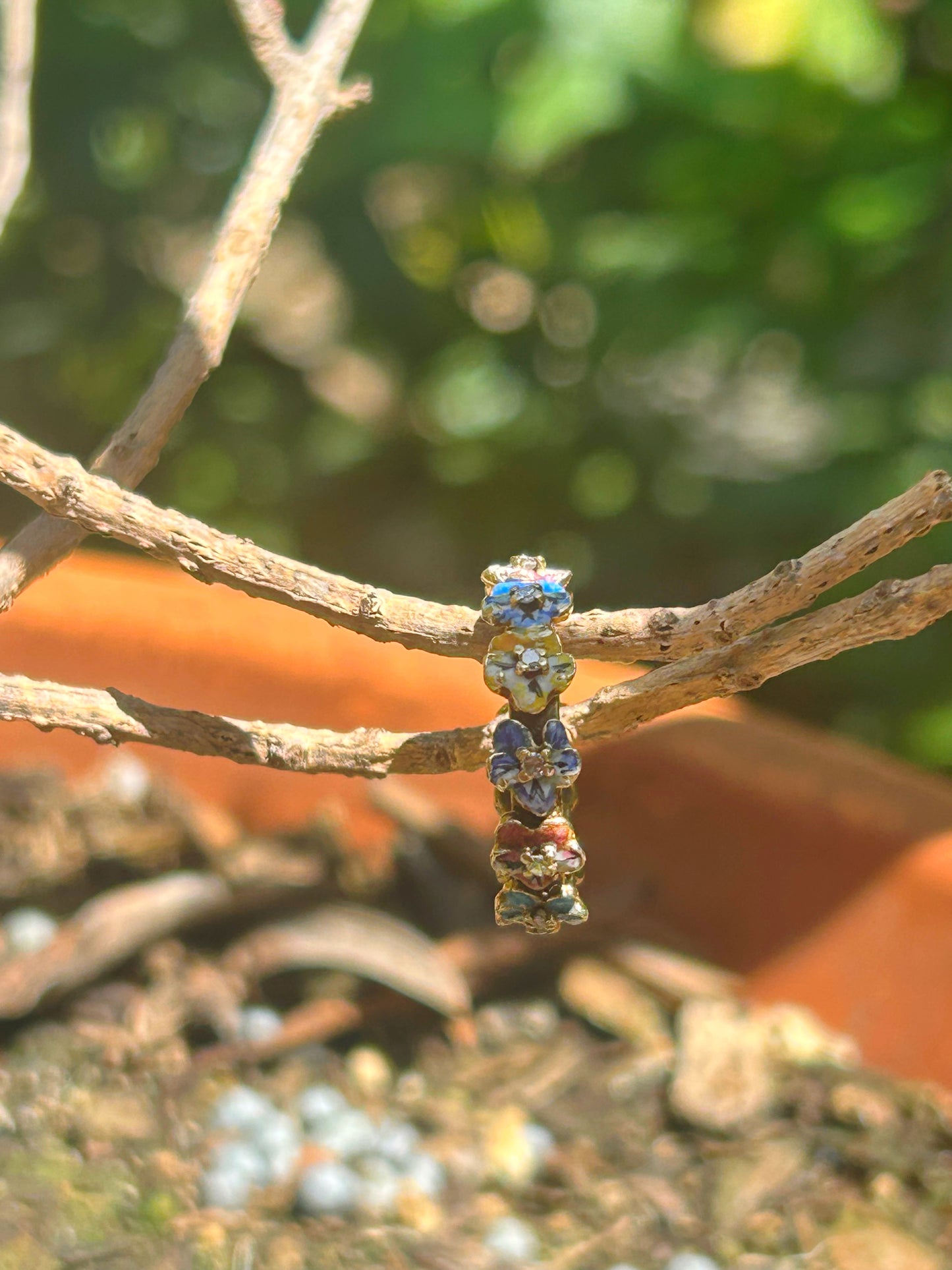 Early Vintage 14k Enamel Pansy Ring Sz 4.75-5