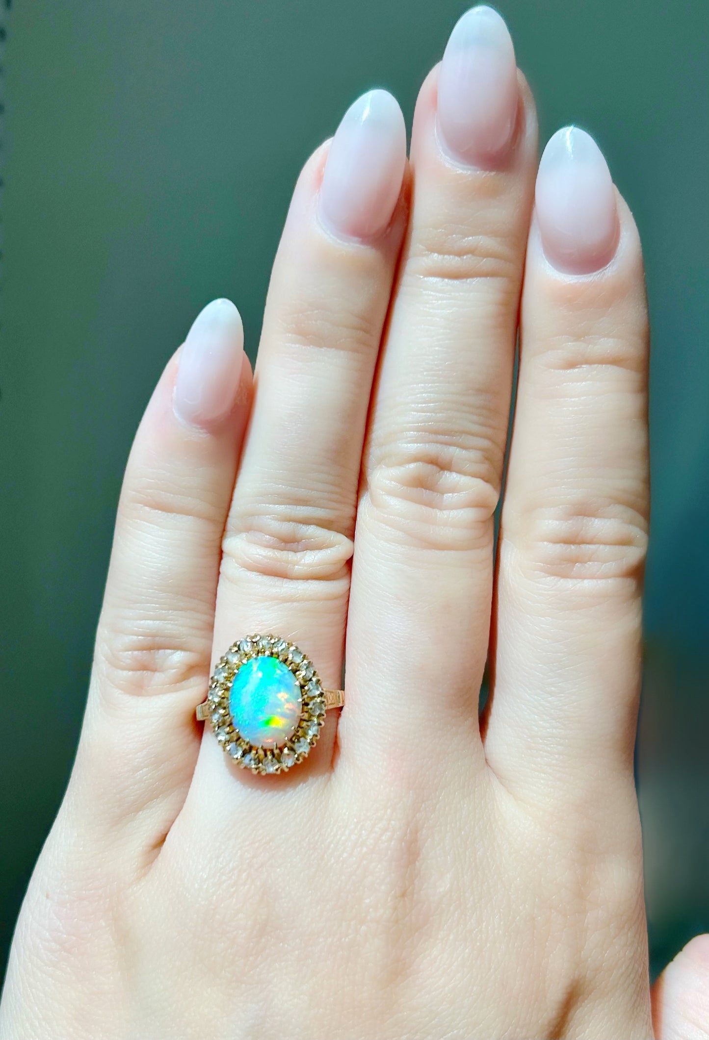 Antique 10k Crystal Opal and Rose Cut Diamond Ring - Sz 5.75