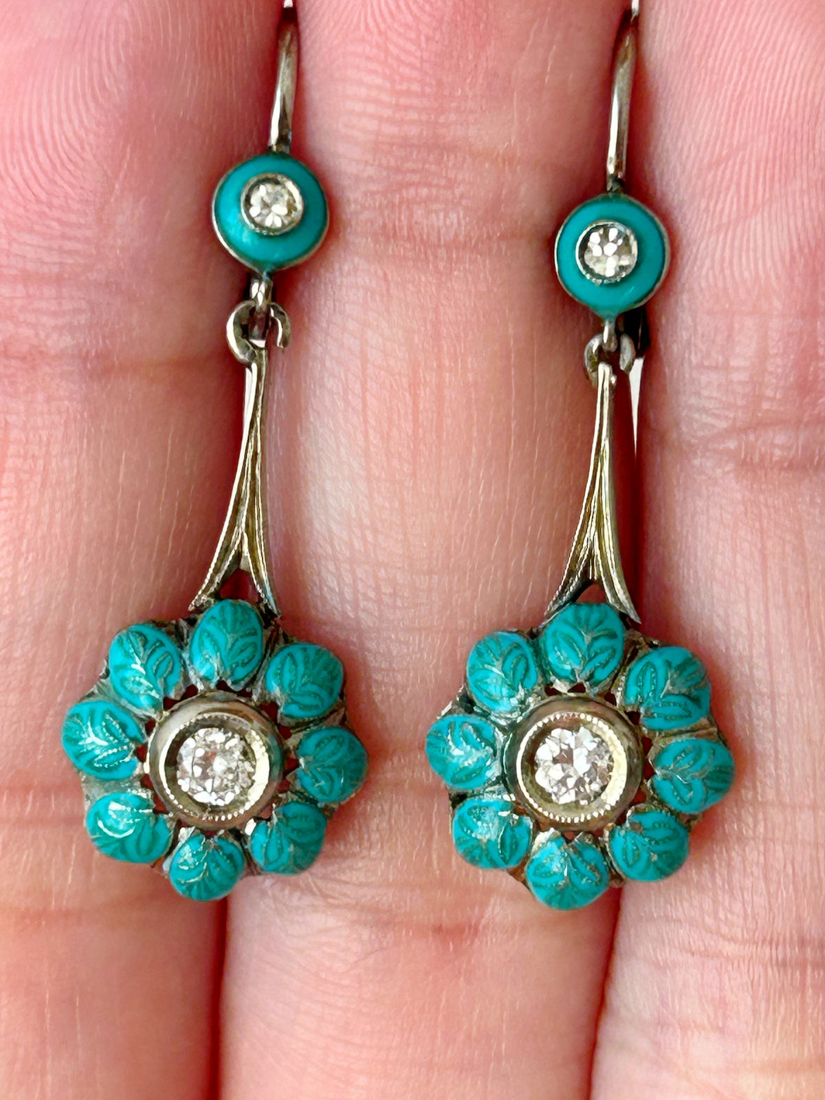 Mid Century 18k Enamel & Diamond Earrings