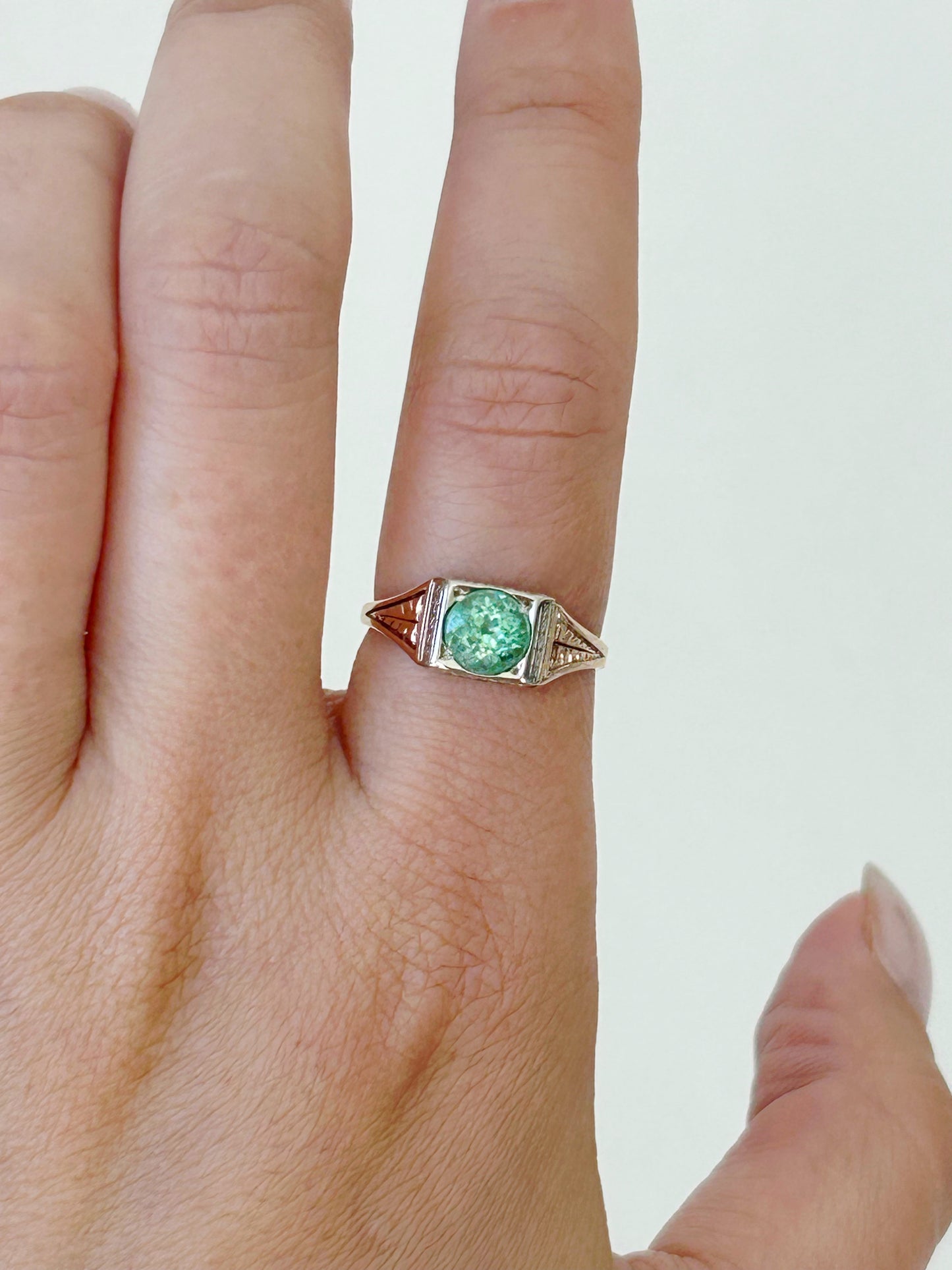 Two Tone 14k Art Deco Paraiba Tourmaline Solitaire - Sz 6.5