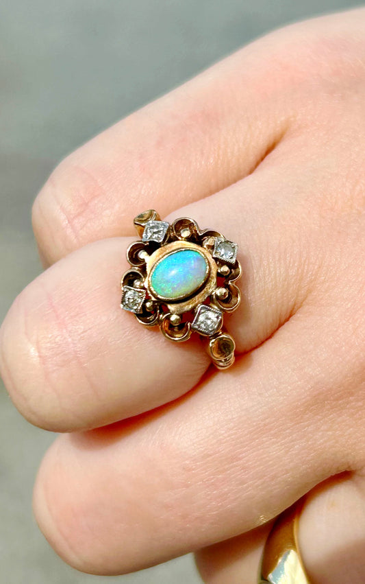 Antique 10k Crystal Opal & OMC Diamond Ring - Sz 5