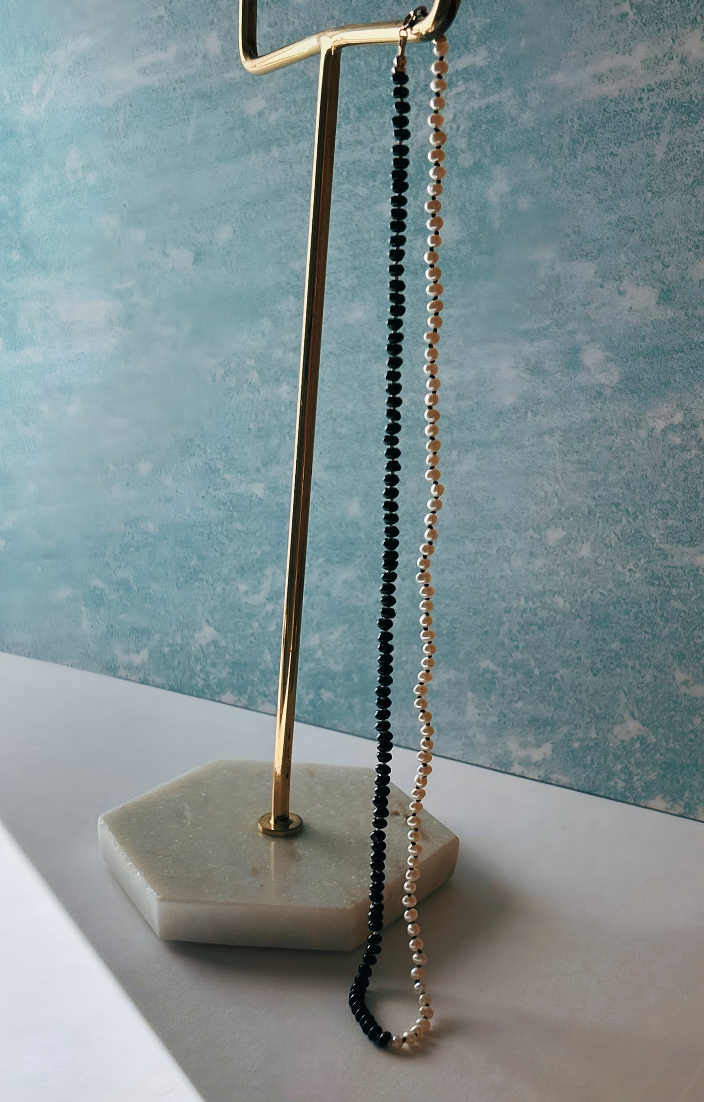 Black Onyx and Freshwater Pearl Hand-Knotted Silk Necklace