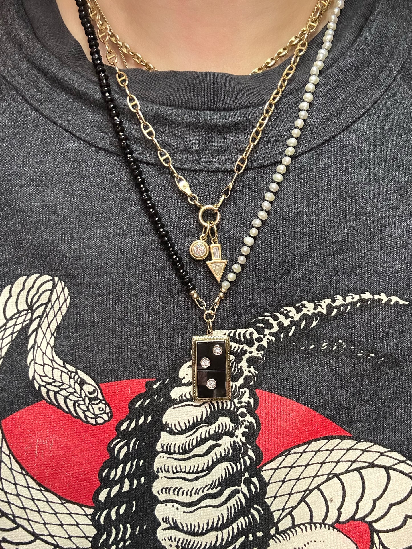 Black Onyx and Freshwater Pearl Hand-Knotted Silk Necklace