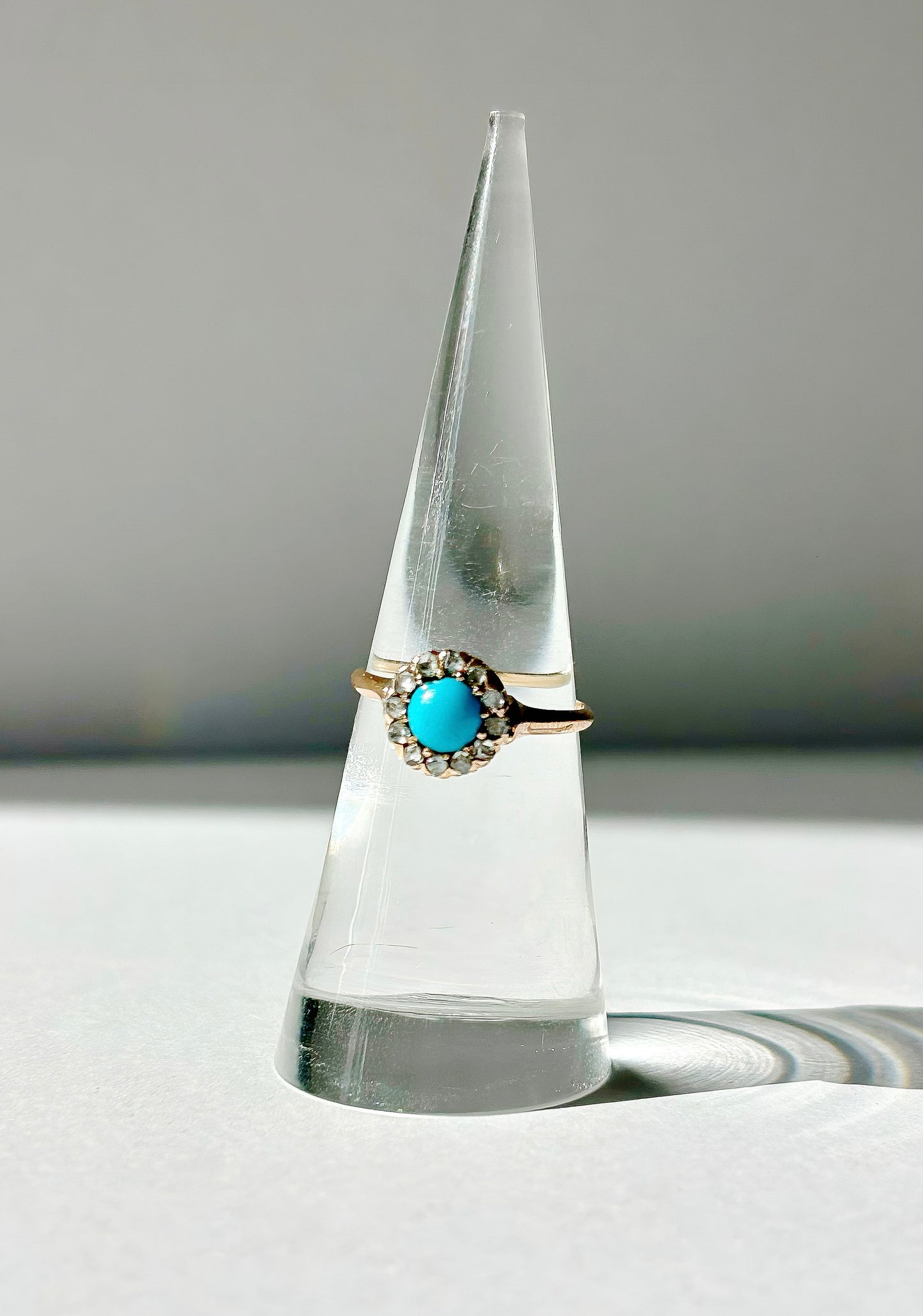 Antique 14k Turquoise and Rose Cut Diamond Halo Ring Sz 5.25