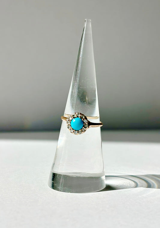 Antique 14k Turquoise and Rose Cut Diamond Halo Ring Sz 5.25