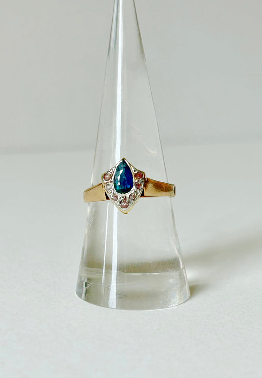 Antique 18K Sapphire & Diamond Shield Ring - Sz 7.5