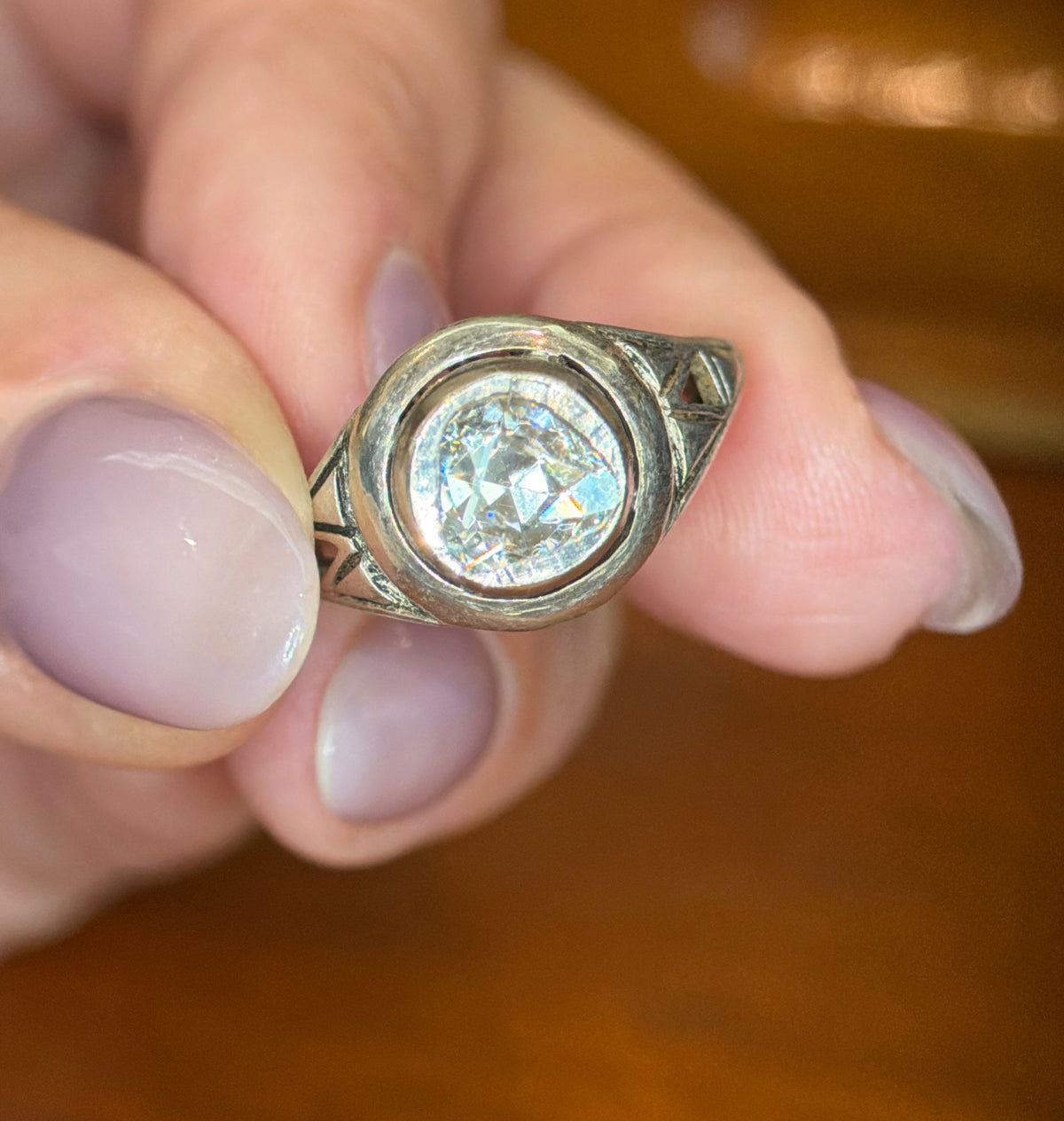 Antique Georgian 9k and Silver Foiled Back Rose Cut Solitaire Ring - Sz 5