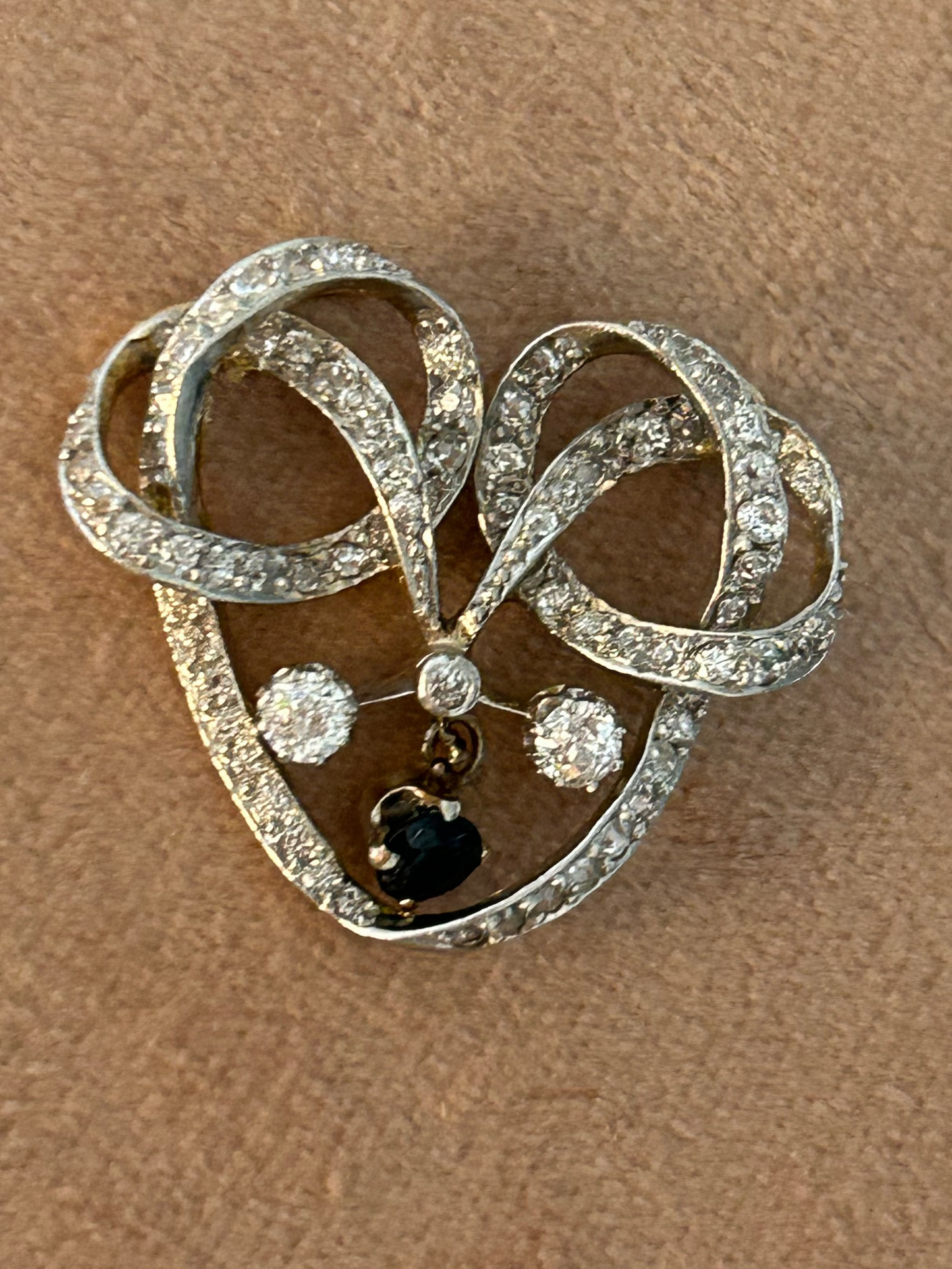 Antique Edwardian 14k Platinum Diamond Heart / Bow Slider Pendant