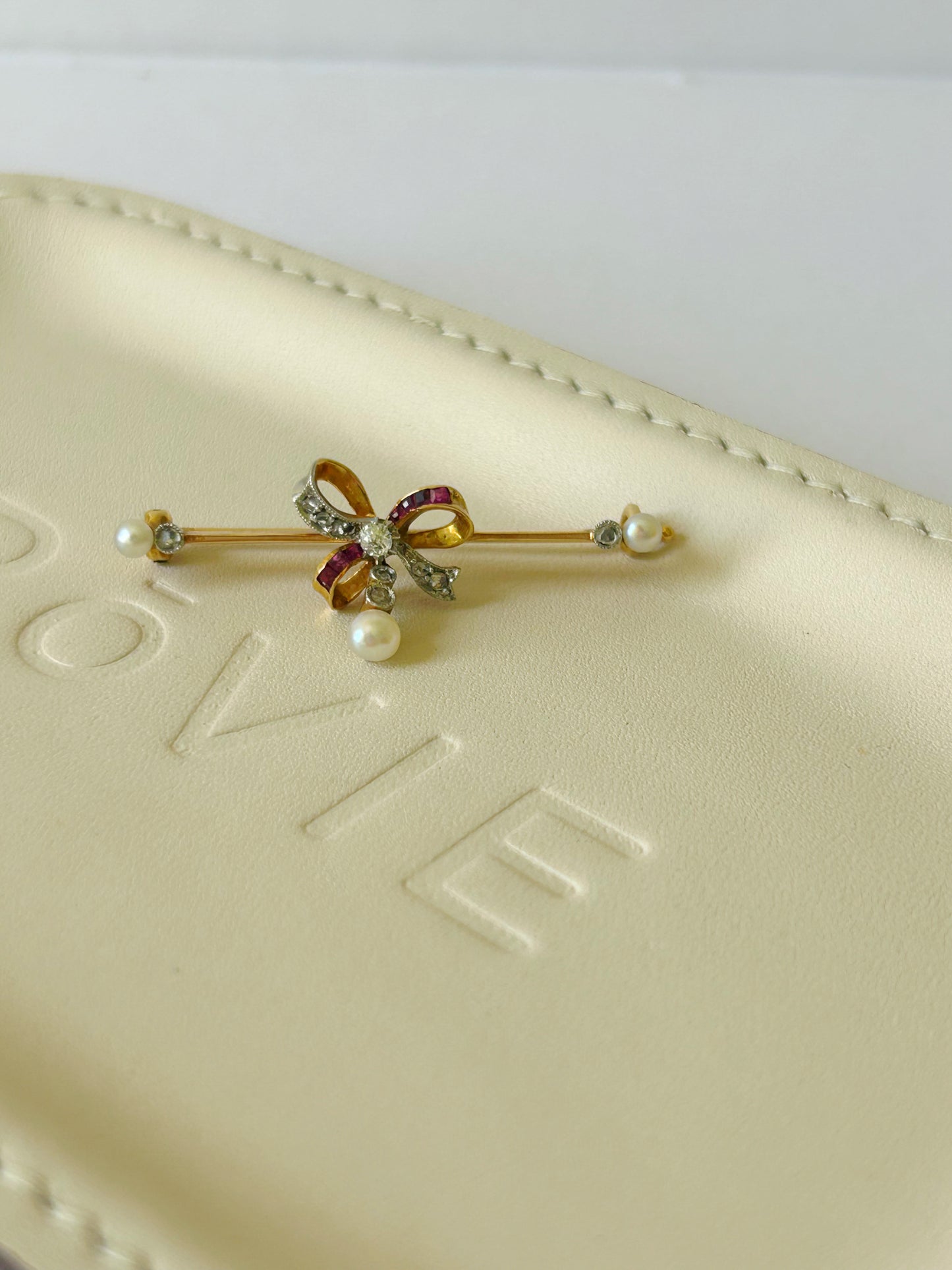 Antique 14k Diamond, Ruby, Pearl Bow brooch