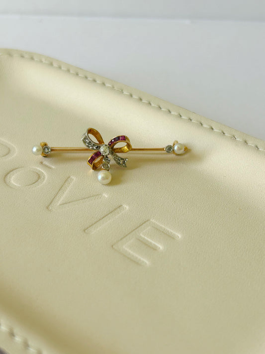 Antique 14k Diamond, Ruby, Pearl Bow brooch