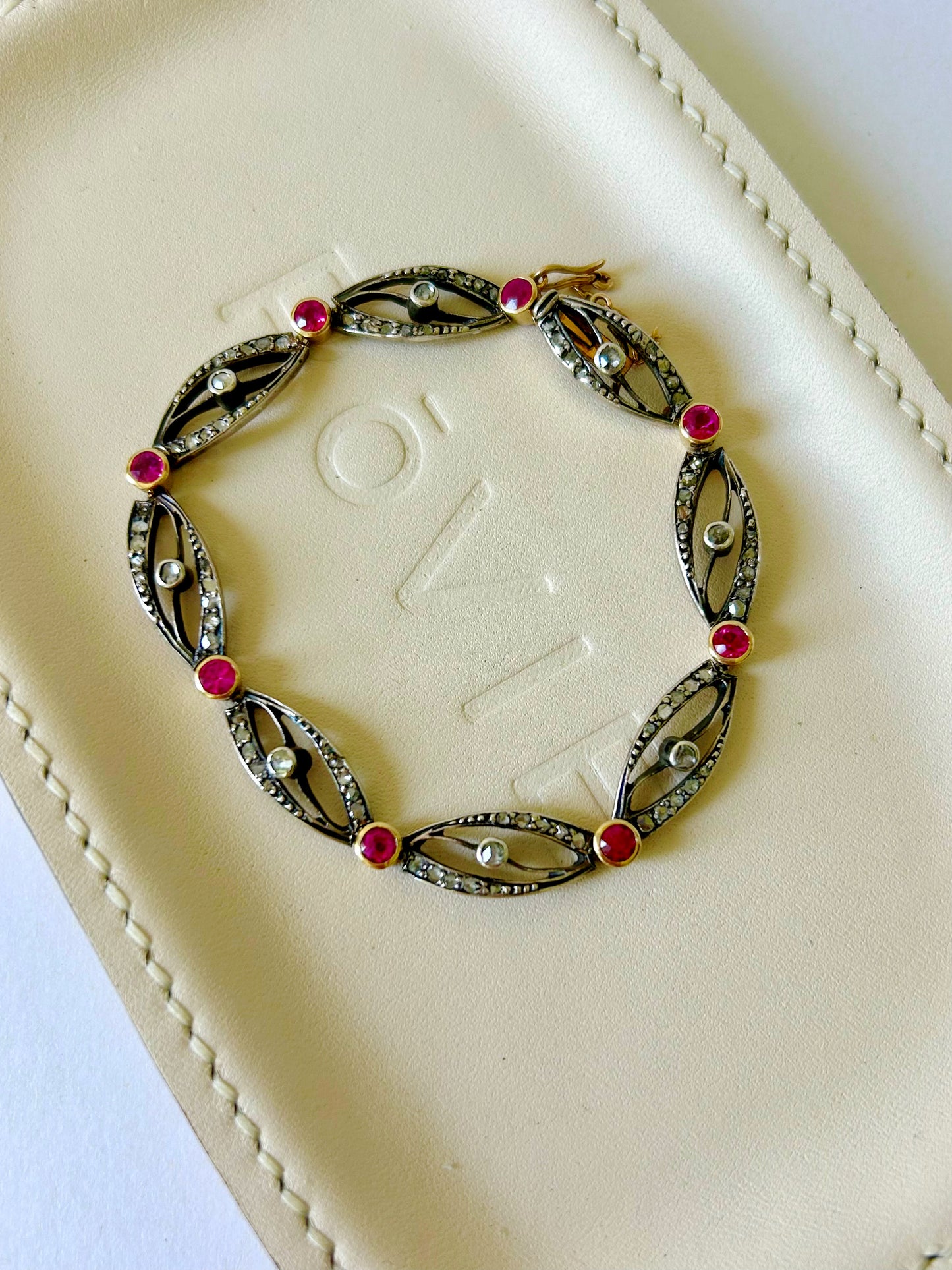Antique Silver & 14k Rose Cut Diamond & Ruby Bracelet - 7.5"