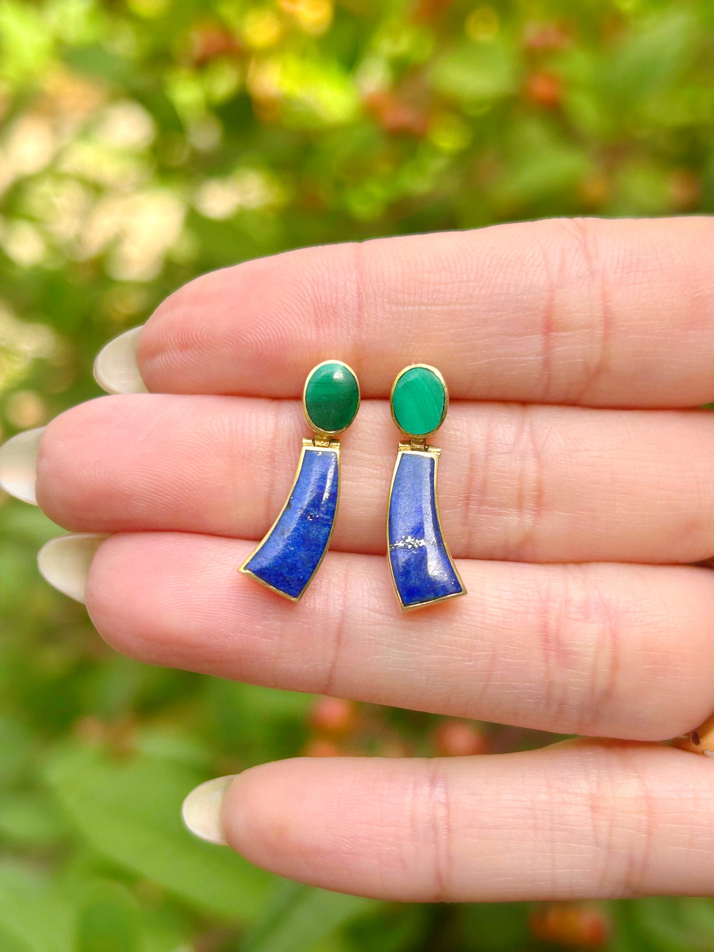 Vintage 18k Malachite & Lapis Doorknocker Earrings