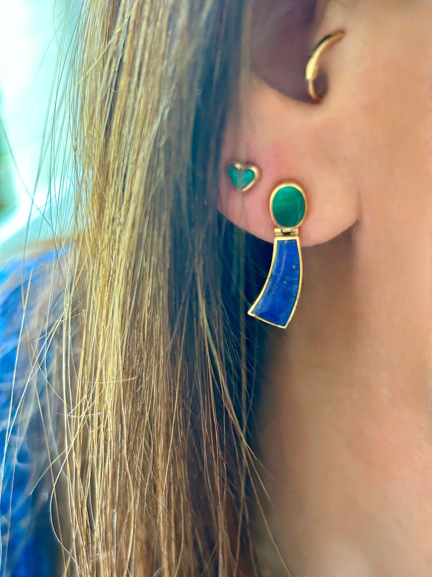 Vintage 18k Malachite & Lapis Doorknocker Earrings