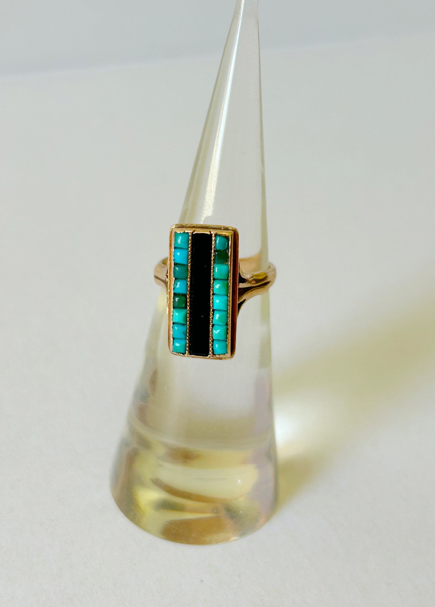 Antique Victorian 18k Turquoise & Onyx Ring - Sz 3.75