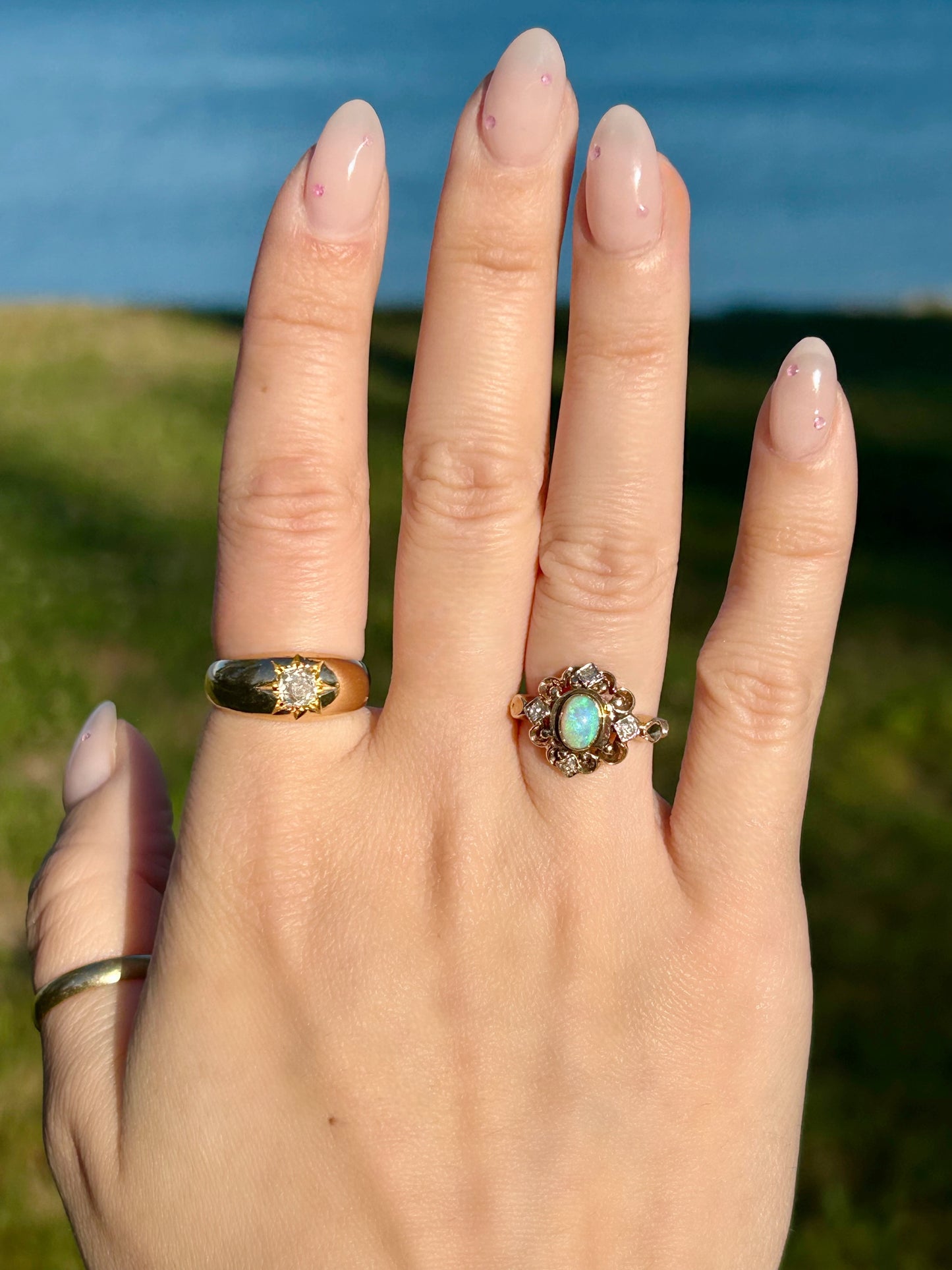 Antique 10k Crystal Opal & OMC Diamond Ring - Sz 5