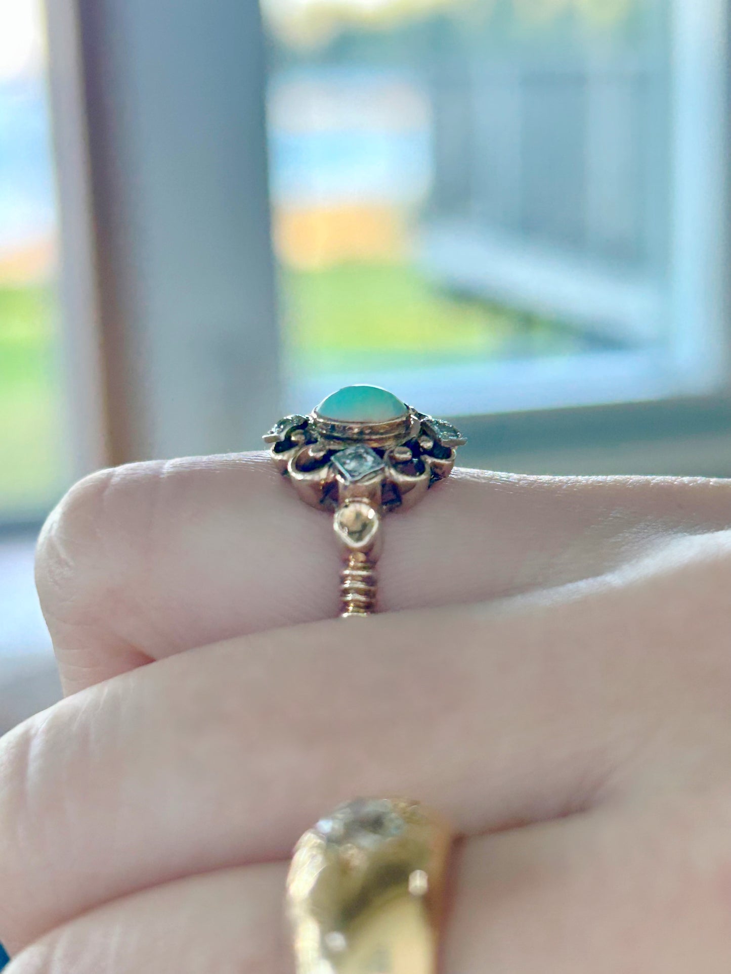 Antique 10k Crystal Opal & OMC Diamond Ring - Sz 5