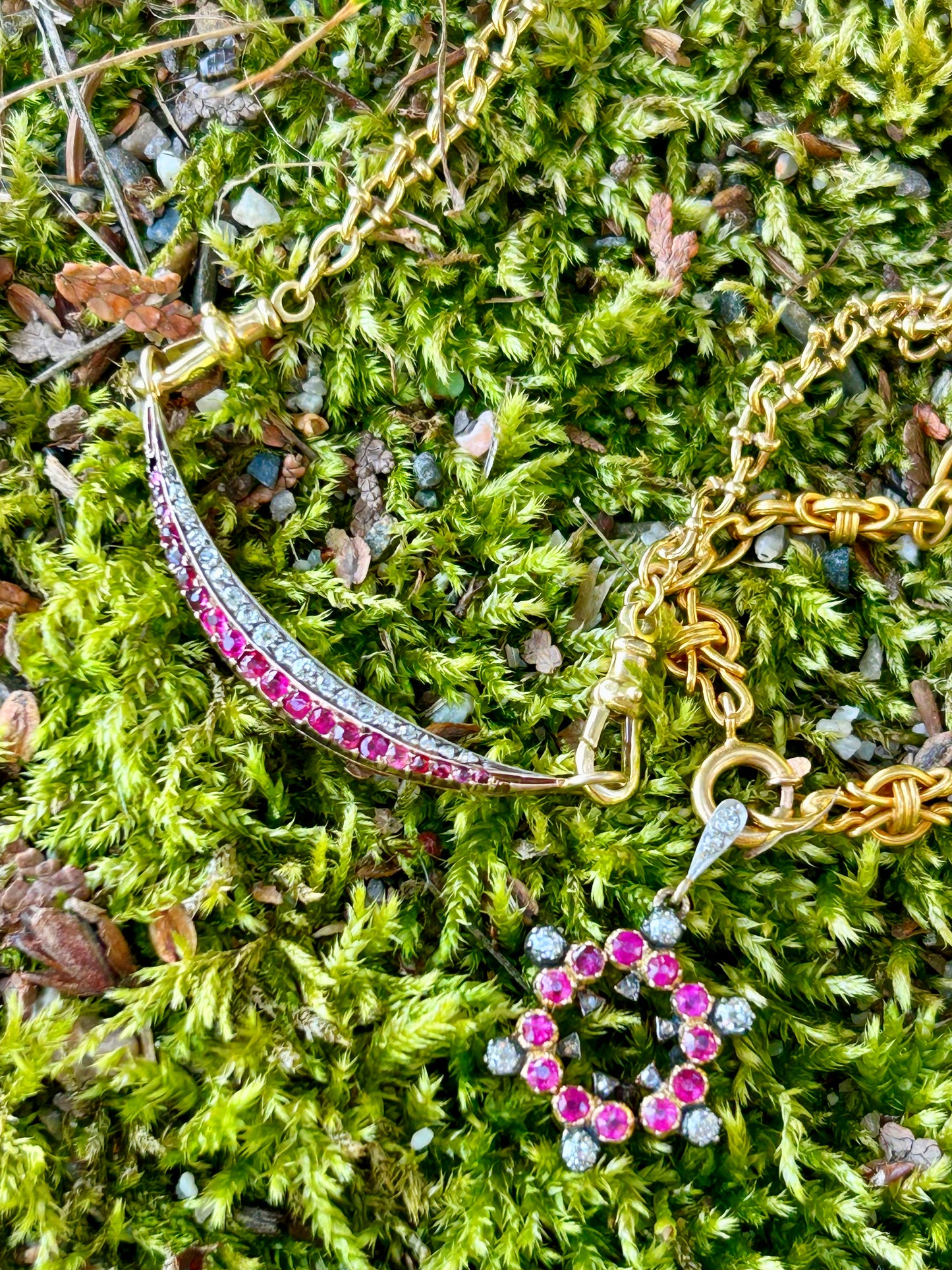 Antique 9k Silver Topped Ruby & Diamond Crescent Extender