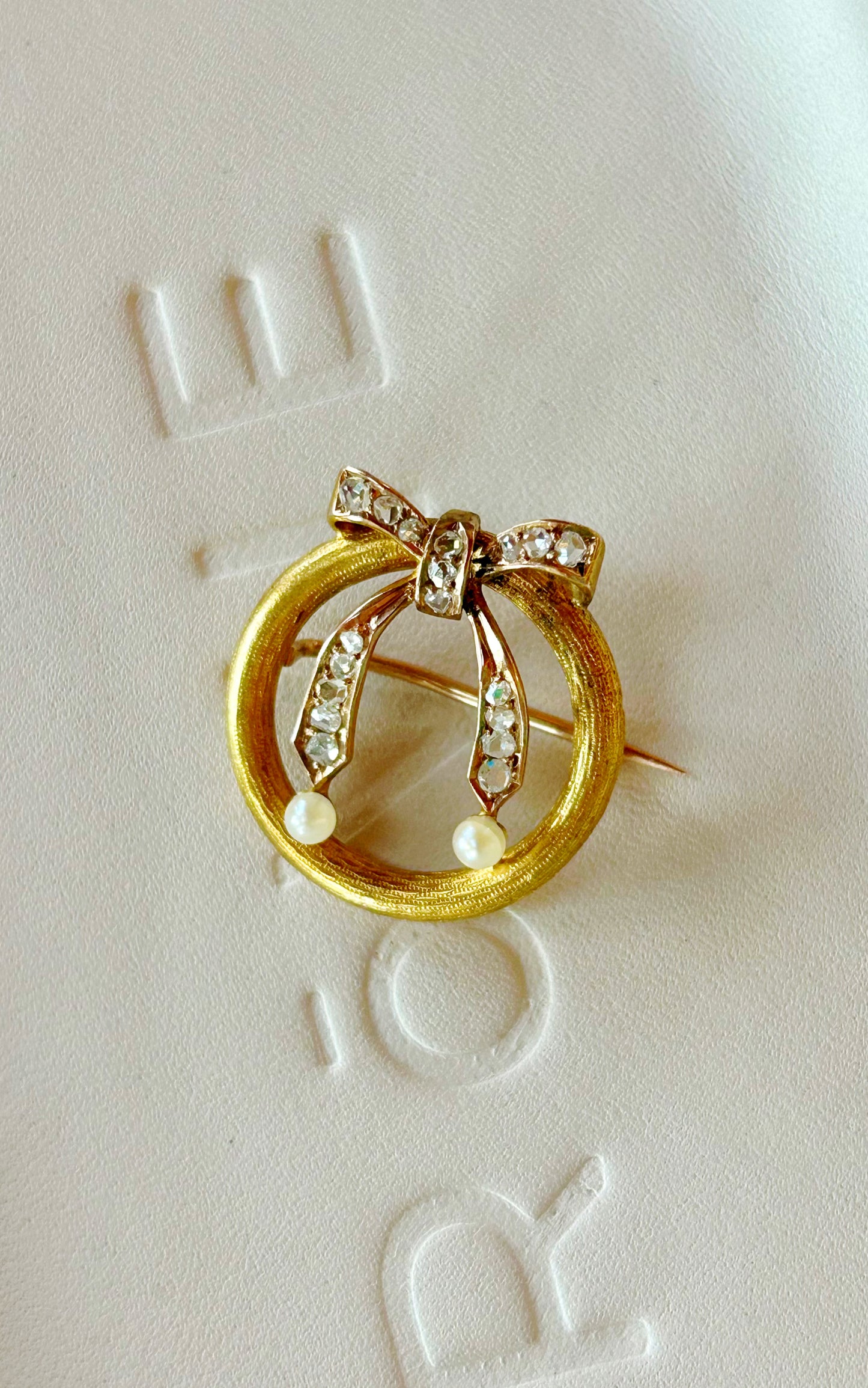 Antique 14k Bow Brooch with Rose Cut Diamonds & Pearls