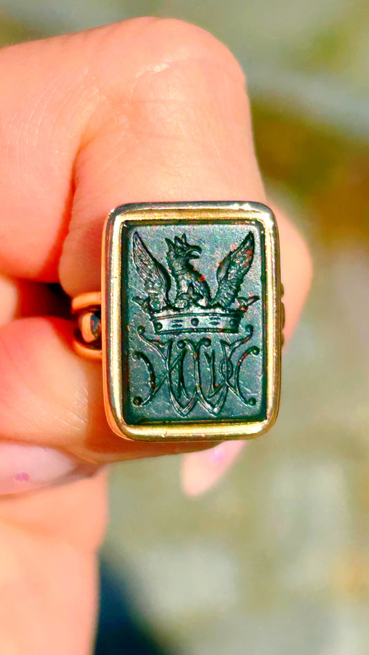 Antique Victorian 14k Bloodstone Signet Ring - Sz 5