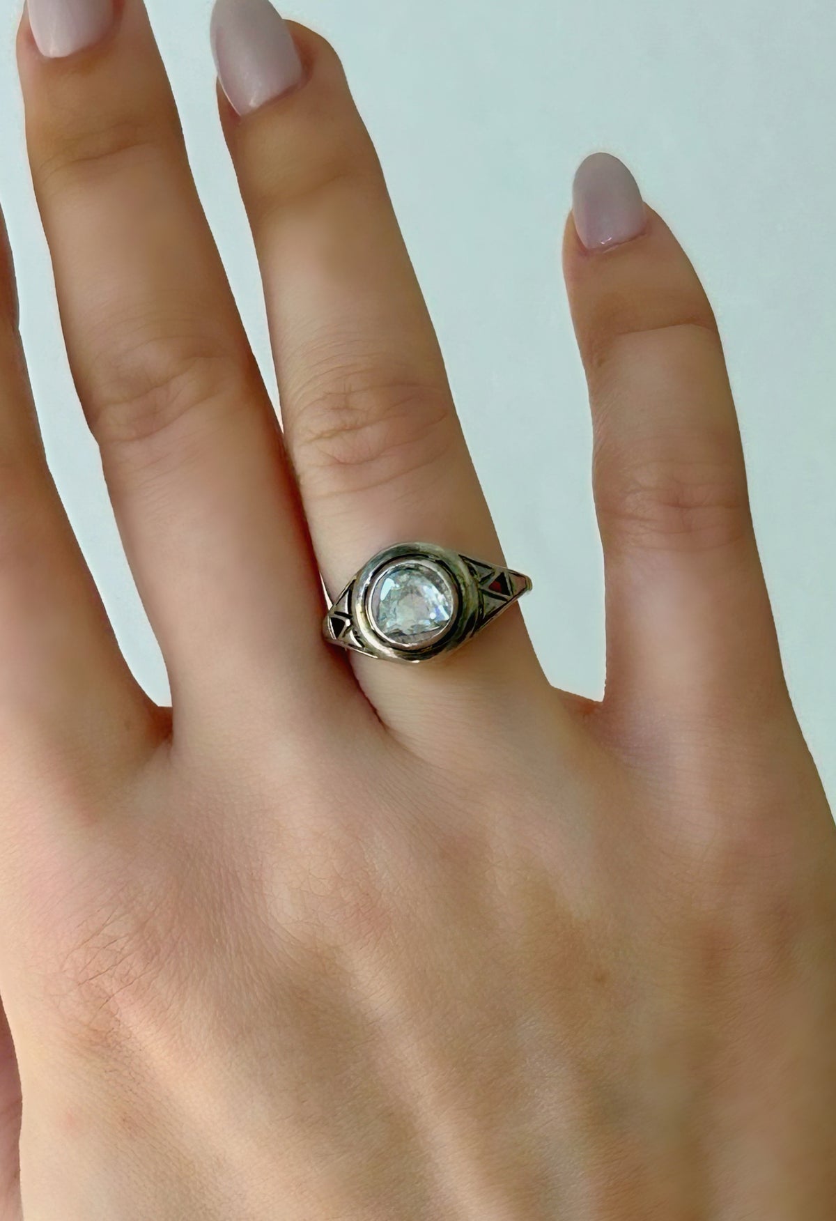 Antique Georgian 9k and Silver Foiled Back Rose Cut Solitaire Ring - Sz 5